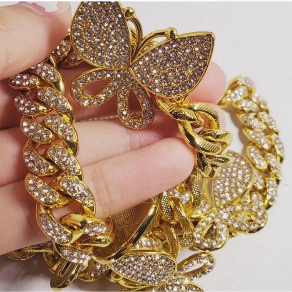 #U14 Butterfly Cuban Chain Link Multi CZ Rhinestone Iced Out Bling Necklace - Picture 4 of 5